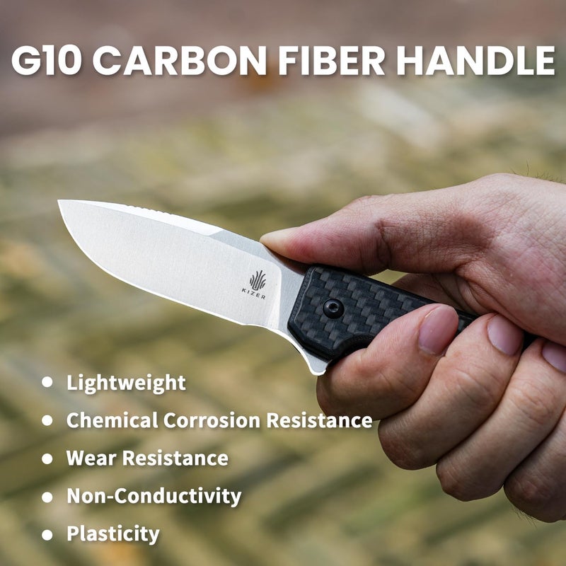 KIZER Nice Guy Pocket Folding Knife, 2.84" 154CM Blade, Lightweight Sharp Camping and Hiking Knife, G10 Carbon Fiber Handle, Liner Lock Flipper Knives V3011C1 - Image 4